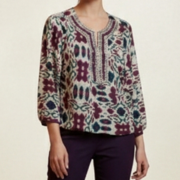 Jones New York Tops - Jones New York Embellished Neck Blouse Small Petite Satin Purple Beaded Sequins
